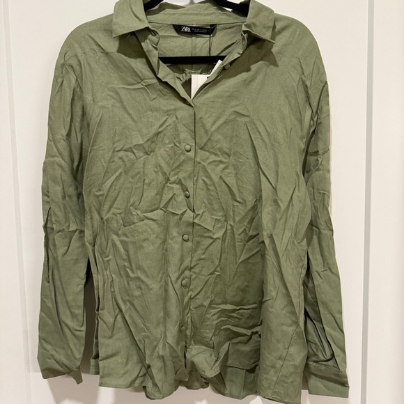 Zara Tops - NWT ZARA Olive Green Linen Open Back Tie Blouse L